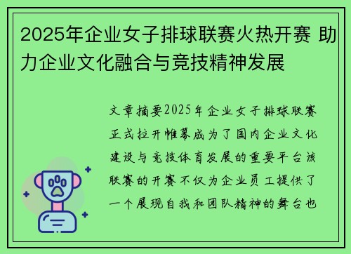 2025年企业女子排球联赛火热开赛 助力企业文化融合与竞技精神发展