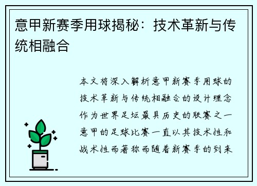 意甲新赛季用球揭秘：技术革新与传统相融合