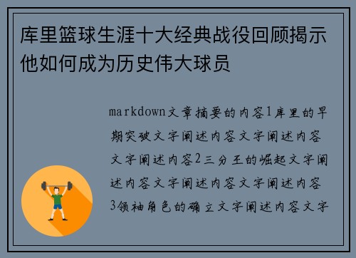 库里篮球生涯十大经典战役回顾揭示他如何成为历史伟大球员