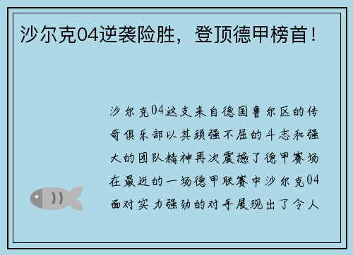 沙尔克04逆袭险胜，登顶德甲榜首！